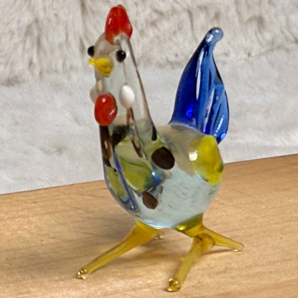 Miniature Hand Blown Art Glass Rooster Figurine Blue Yellow Red Chicken 2 Inch